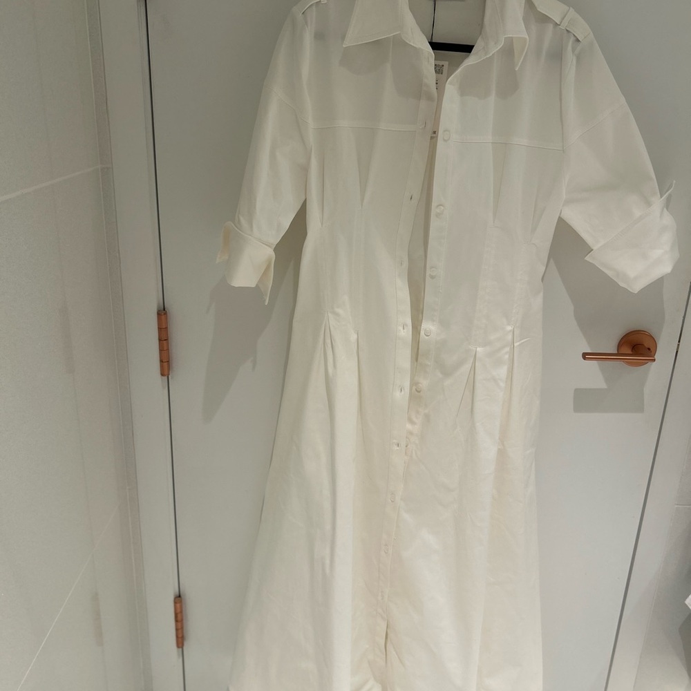 Button-Front Long Shirt Dress in Cream